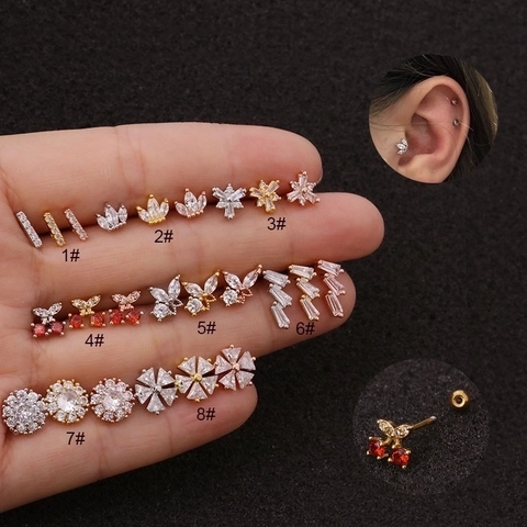 Stainless Steel Ear Cartilage Stud Earrings Copper Inlaid Zircon Piercing Jewelry Cherry Crown Star Moon Shape For Women