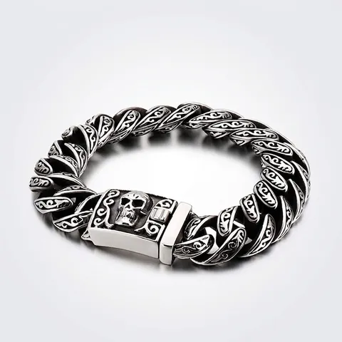 Bracciale Teschio Uomo Vintage Acciaio Inossidabile Punk Gothic Motivo Intagliato Catena Cubana Gioielli