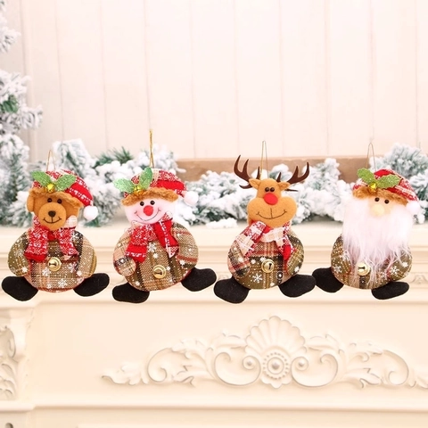 Christmas Hanging Ornaments Plush Fabric Checkered Santa Snowman Reindeer Bear With Bell Festive Tree Holiday Decor