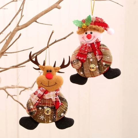Christmas Hanging Ornaments Plush Fabric Checkered Santa Snowman Reindeer Bear With Bell Festive Tree Holiday Decor