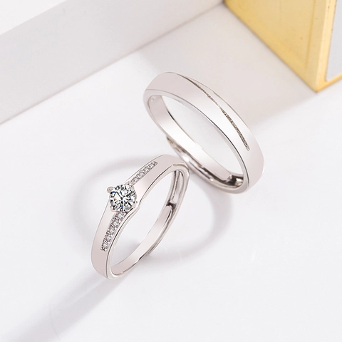 Minimalist Copper Rhinestone Couple Rings Silver Plated Adjustable Open Finger Rings For Lovers Wedding Anniversary Jewelry