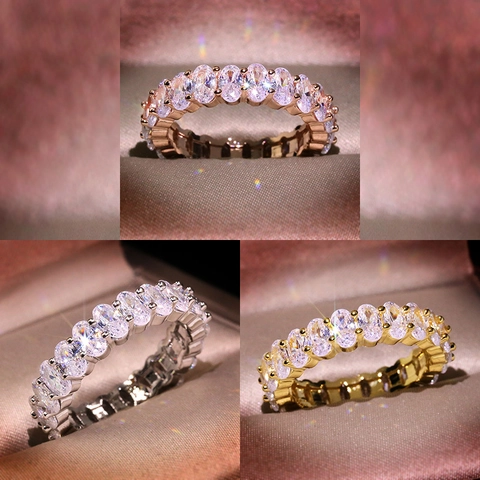 Luxurious Oval Cut Zirconia Eternity Ring Brass White Gold Gold Rose Gold Plated Wedding Band Jewelry for Women KYRA