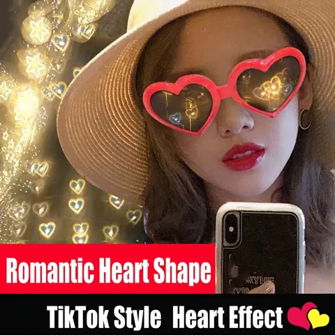Heart Shaped Sunglasses With Light Diffraction Effect Plastic Romantic Novelty Glasses For Night Party Rave Festival