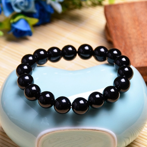 7A Natural Black Agate Beaded Bracelet Elastic Gemstone Round Beads Jewelry Handmade Healing Energy Unisex