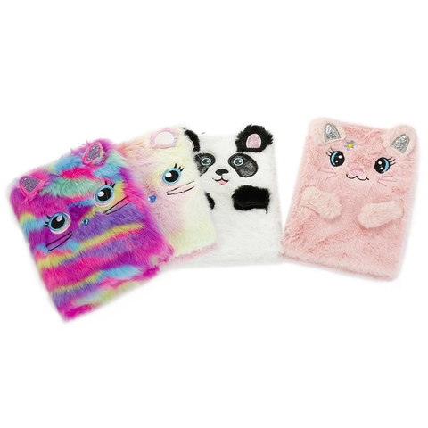 Plush Notebook Faux Fur Cat Panda Animal Embroidered Diary Journal Stationery Gift For Girls Kids Cute Creative
