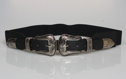 Cintura Elastica in Vita da Donna in Stile Western Vintage Doppia Fibbia Intagliata a Fiori Cintura a Corsetto in Pelle PU