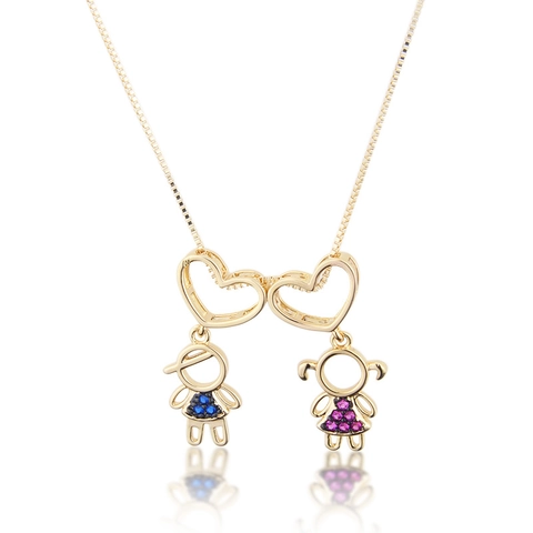 Collar Con Colgante De Corazón Niño Niña Cobre Chapado En Oro Con Circón Colorido Joyas Familia Niños Regalo Mujeres