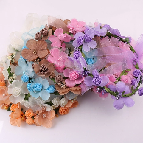 Artificial Flower Wreath Headband Fabric Rose Satin Ribbon Bohemian Bridal Wedding Party Hair Accessory Crown For Women
