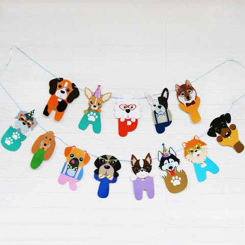 Pet Dog Cat Happy Birthday Banner Paper Cartoon Animal Head Garland Hanging Decoration For Birthday Party Supplies