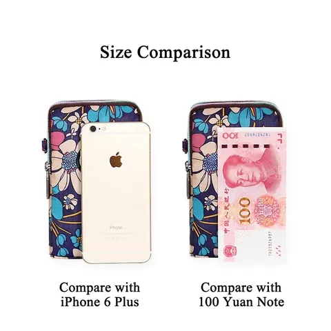 Mini Mobile Phone Bag For Women Floral Print Canvas Crossbody Shoulder Purse Multi Layer Zipper Wristlet Arm Pouch Bag