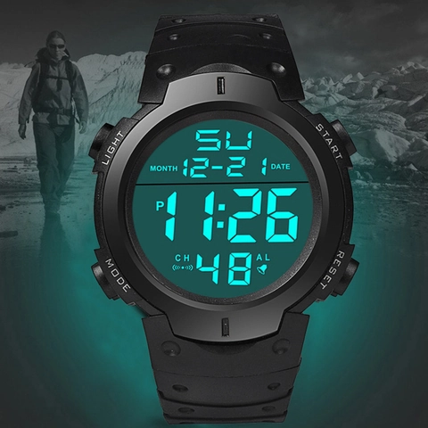 Digital Sports Watch Resin Case TPU Strap Waterproof EL Backlight Alarm Stopwatch Calendar Large Dial Round