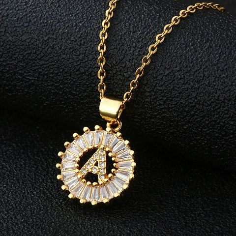 Round Initial Letter Pendant Necklace Copper Zirconia Baguette Radiating Medallion Gold Silver Plated Fashion Jewelry Women