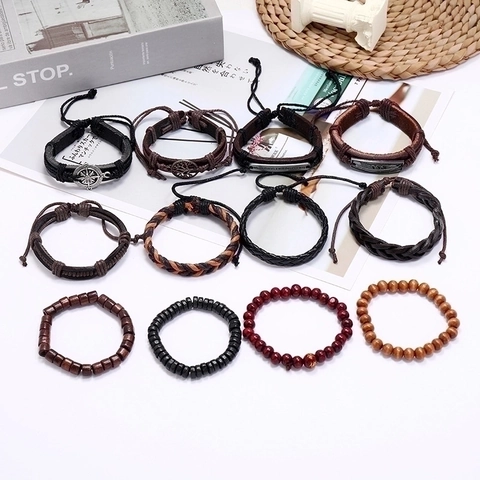 Men Vintage Multi Layer Bracelet Leather Wood Beads Woven Hemp Rope Tree Of Life Feather Compass Alloy Pendant Punk