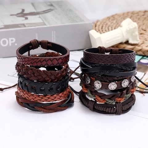 Pulseras De Cuero Trenzado Para Hombre Multicapa Piel De Vaca Cuerda De Cáñamo Cuentas De Madera Estilo Punk Vintage