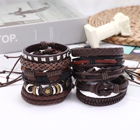 Bracelet Tressé Homme Punk Vintage Cuir De Vache Cordon Ciré Corde De Chanvre Charmes Alliage Perles Style Superposable