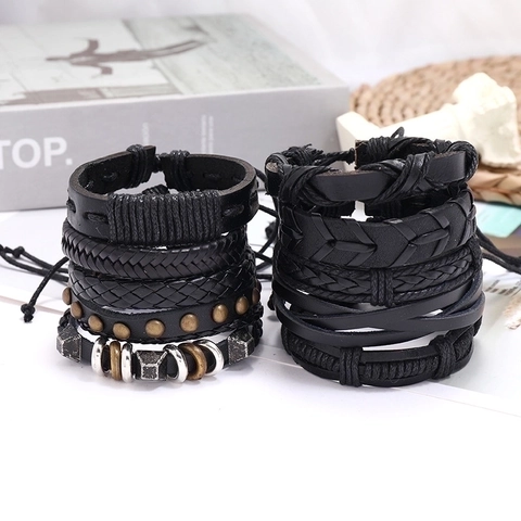 Men Woven Leather Bracelet Cowhide PU Wax Cord Hemp Rope Alloy Punk Retro Multi Layer Handcrafted Wristband Jewelry