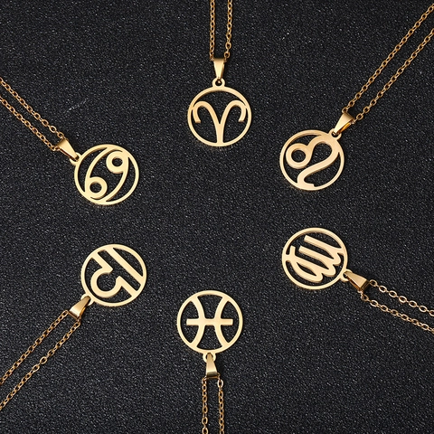 Zodiac Signs Stainless Steel Necklace For Women Men Hollow Round Aries Leo Libra Sagittarius Scorpio Capricorn Aquarius Pisces Pendant Necklace Simple Fashion Jewelry Gift