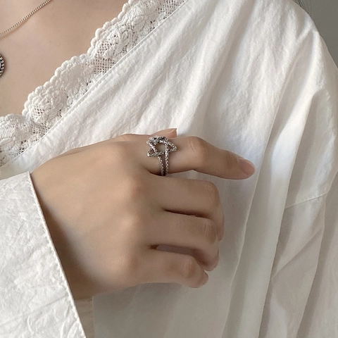 Vintage 925 Sterling Silber Stern Offener Ring Für Frauen Verstellbarer Minimalistischer Strukturierter Oxidierter Schmuck