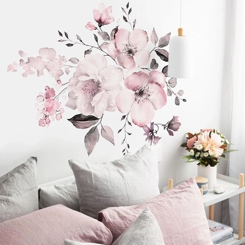 Aquarell Rosa Blumen Wandaufkleber PVC Abnehmbare Aufkleber Für Wohnzimmer Schlafzimmer Deko Modern Minimalistisch