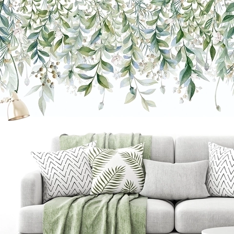 Watercolor Green Leaves Wall Stickers PVC Self-Adhesive Botanical Hanging Vine Wall Decals For Living Room Bedroom Home Decor