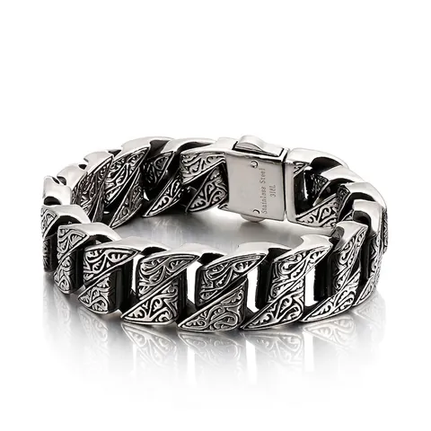 Pulsera De Cadena Para Hombre De Acero Inoxidable 316L Retro Vintage Gótico Grabado Floral Eslabón Cubano Joyas Biker