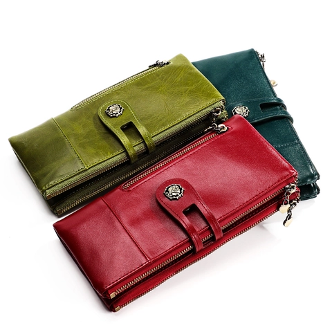 Damen Vintage Echtleder Lange Brieftasche RFID Schutz Blumen Schnalle Herz Reißverschluss Kartenfächer Clutch