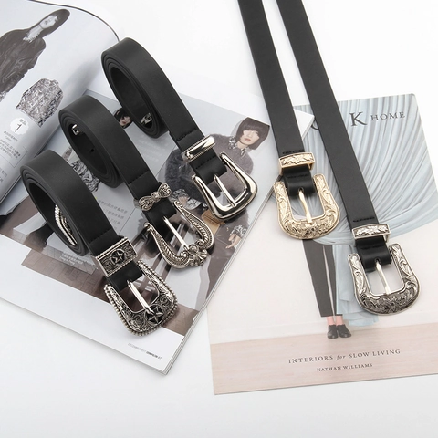 Damen Retro Kunstleder Gürtel Mit Westlich Gravierter Legierung Schnalle Vintage Bohemian Stil Schmaler Taillengurt