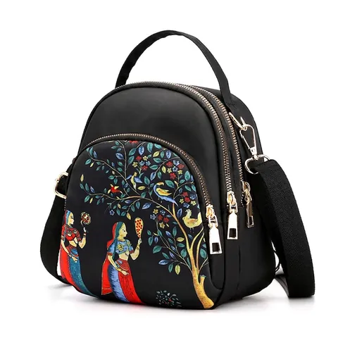 Mini Backpack Crossbody Bag For Women Waterproof Oxford Cloth Multi Layer Multi Functional Printed Ethnic Pattern Fashion