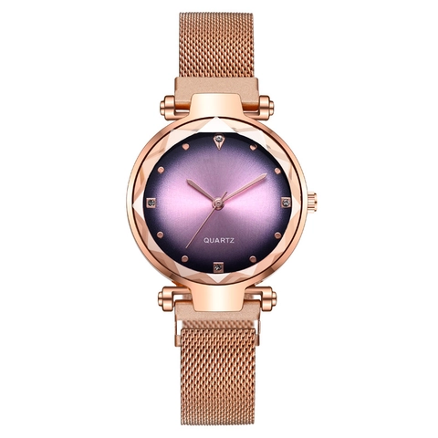 Elegant Women's Quartz Watch With Magnetic Milanese Mesh Strap Diamond Cut Faceted Glass Rhinestone Fashion Starry Dial