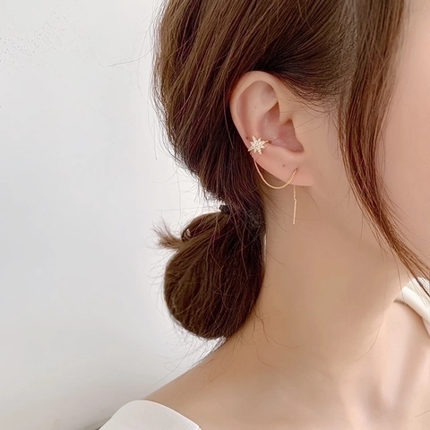 Long Tassel Ear Cuff Threader Earrings Integrated Copper Cubic Zirconia Bowknot Cross Starburst Minimalist Women