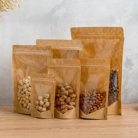 Kraft Paper Stand-up Pouch Resealable Ziplock Bag With Window Reusable Moisture Proof Food Storage