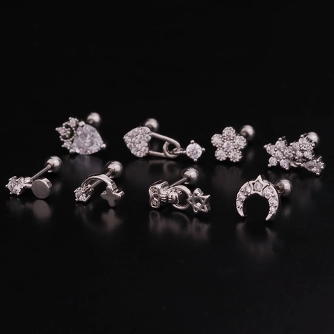 Helix Cartilage Piercing Stud Earrings Stainless Steel Copper Cubic Zirconia Flower Star Moon Heart Screw Ball Back Jewelry For Women