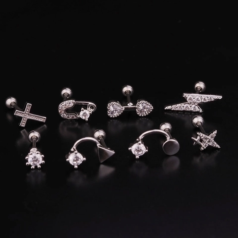 Orecchini Cartilaggio Vite Acciaio Inossidabile Zirconia Fulmine Croce Spilla Da Balia Gioielli Moda Donna