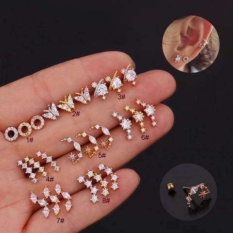 Cartilage Piercing Stud Earrings Stainless Steel Post Zircon Butterfly Moon Star Screw Back Jewelry For Women