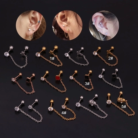 Boucles D'Oreilles Doubles En Acier Inoxydable Avec Chaîne Zircon Pentagramme Étoile Croix Piercing Cartilage Femmes