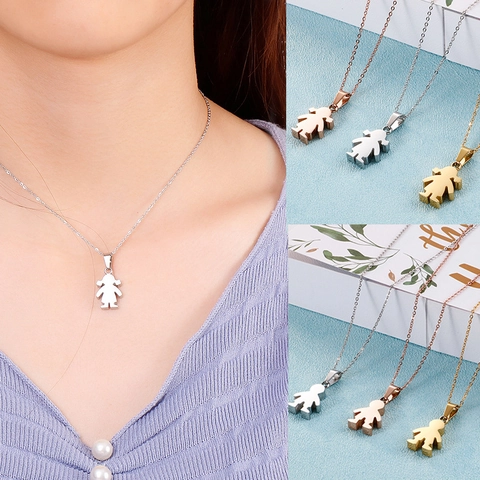 Stainless Steel Little Girl Boy Silhouette Pendant Necklace Cute Jewelry Gift For Couples Lovers Gold Silver Rose Gold