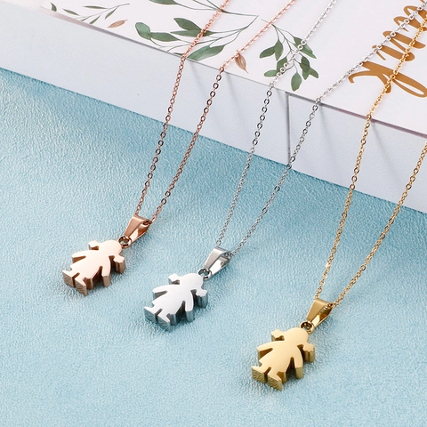 Stainless Steel Little Girl Boy Silhouette Pendant Necklace Cute Jewelry Gift For Couples Lovers Gold Silver Rose Gold