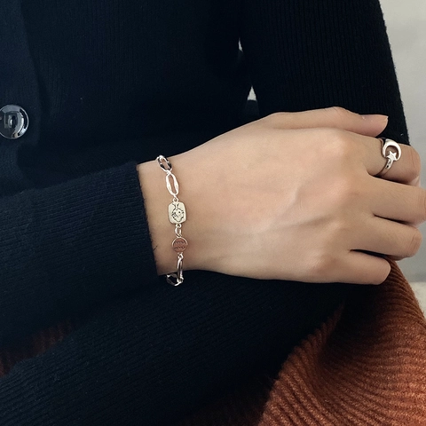 Bracciale Minimalista In Argento Sterling 925 Con Ciondolo Ritratto Ragazzo E Disco Rotondo Catena A Maglie Per Donna