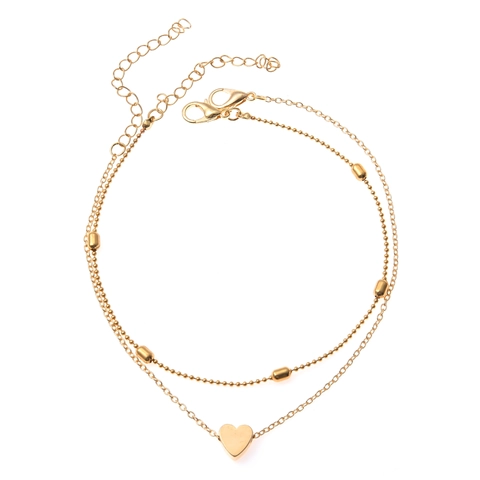 Heart Pendant Anklet Alloy Double Layer Round Bead Chain Summer Beach Fashion Jewelry For Women With Faux Artificial Pearl