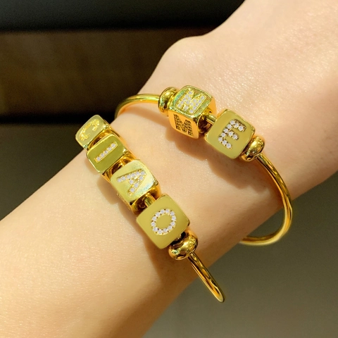 Adjustable Letter Bracelet Gold Silver Plated Zircon Square Cube DIY Charm Bangle Jewelry Women Trendy Gift Accessory