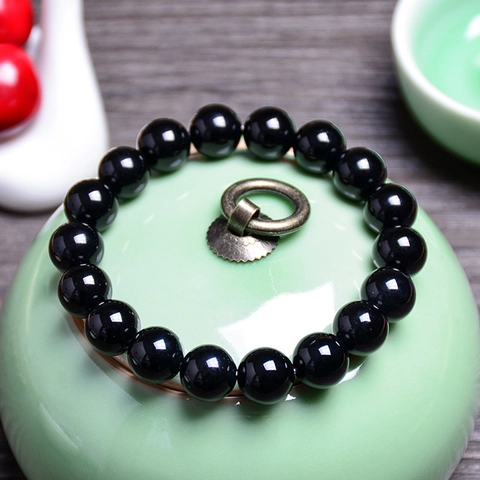 7A Natural Black Agate Beaded Bracelet Elastic Gemstone Round Beads Jewelry Handmade Healing Energy Unisex