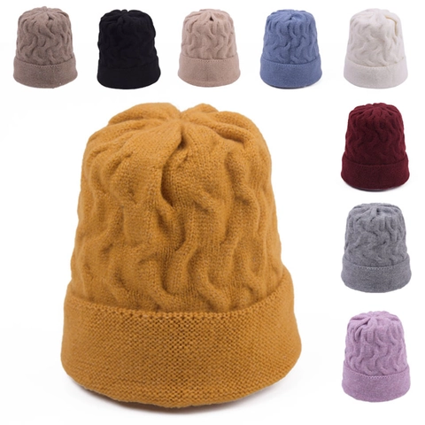 Gorro De Punto Con Trenzado Cálido Grueso Invierno Exterior Gorro Con Dobladillo Para Hombres Mujeres Color Sólido