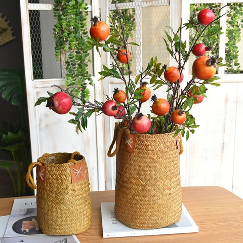 Cesto Di Fiori Intrecciato In Erba Marina Naturale Decorazione Domestica Vaso Di Paglia Rustico Con Toppa In Pelle Manici In Corda Di Canapa