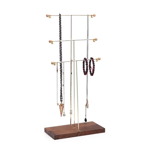 Espositore Per Gioielli Porta Collane Metallo Dorato Base Legno Massiccio Multistrato Ganci Organizzatore Scrivania Nordico