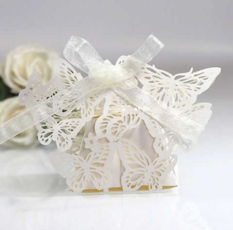 Scatola Regalo Caramelle Farfalla Tagliata Al Laser Carta Perla Artificialta Con Nastro Per Matrimonio Festa Celebrazione Bomboniere