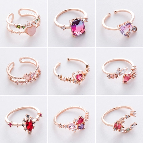Elegant Copper Zirconia Adjustable Open Rings For Women Rose Gold Plated Heart Flower Marquise Cubic Zirconia Jewelry