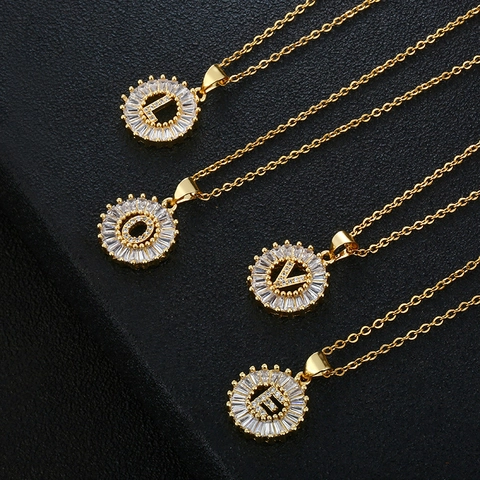 Round Initial Letter Pendant Necklace Copper Zirconia Baguette Radiating Medallion Gold Silver Plated Fashion Jewelry Women