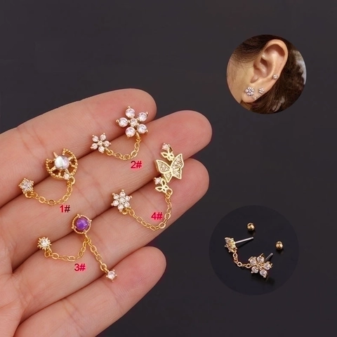 Zircon Flower Ear Cartilage Stud Earrings Stainless Steel Chain Double Piercing Jewelry For Women Screw Ball Back