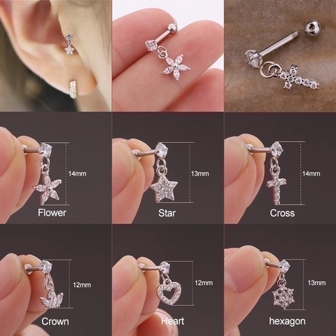 Stainless Steel Cartilage Earring Stud Screw Back Micro Pave Zircon Dangle Charm Cross Heart Star Flower Piercing Jewelry