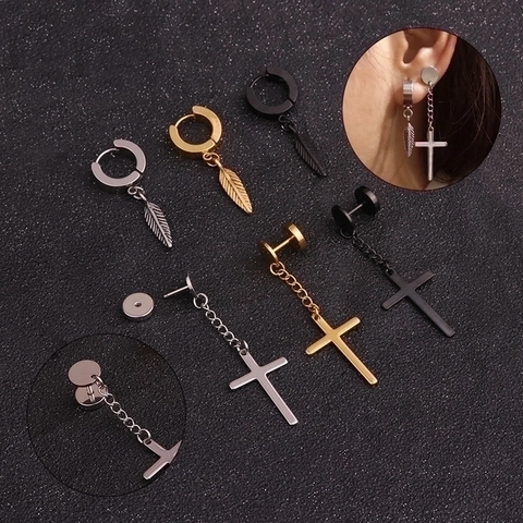 Boucles D'oreilles En Acier Inoxydable Croix Plume Minimaliste Cartilage Studs Hoop Bijoux De Piercing Hommes Femmes
